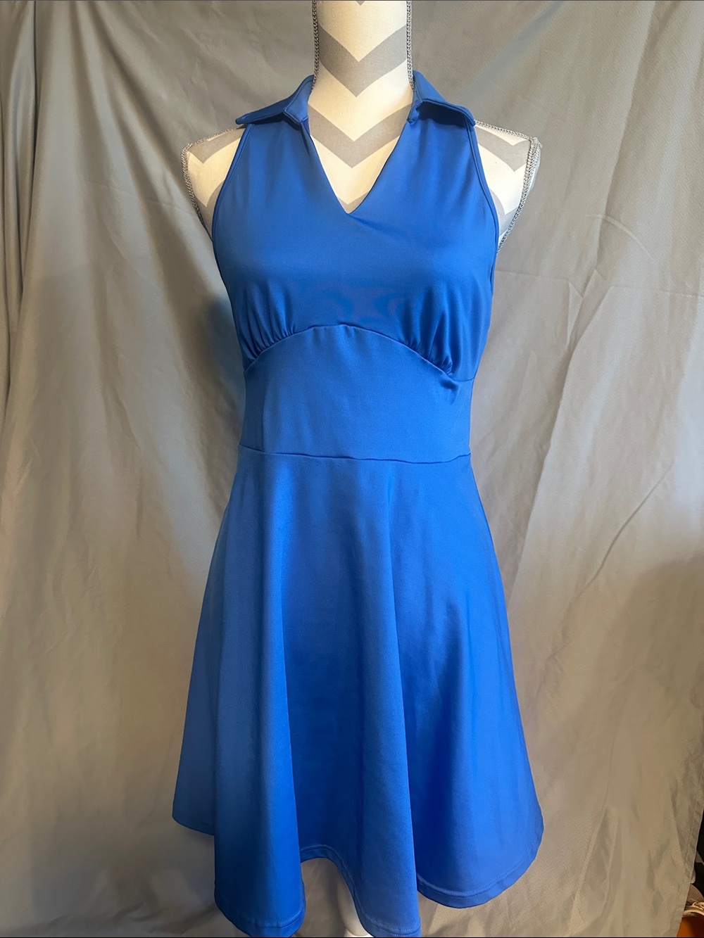 Sleeveless V-Neck Blue Fit & Flare Dress